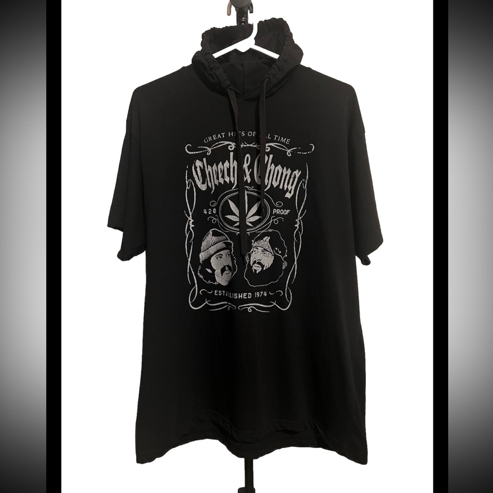 Cheech & Chong Mens Hooded T Shirt Sz L Black Graphic Tee 420 Smoke Pot Weed 70s